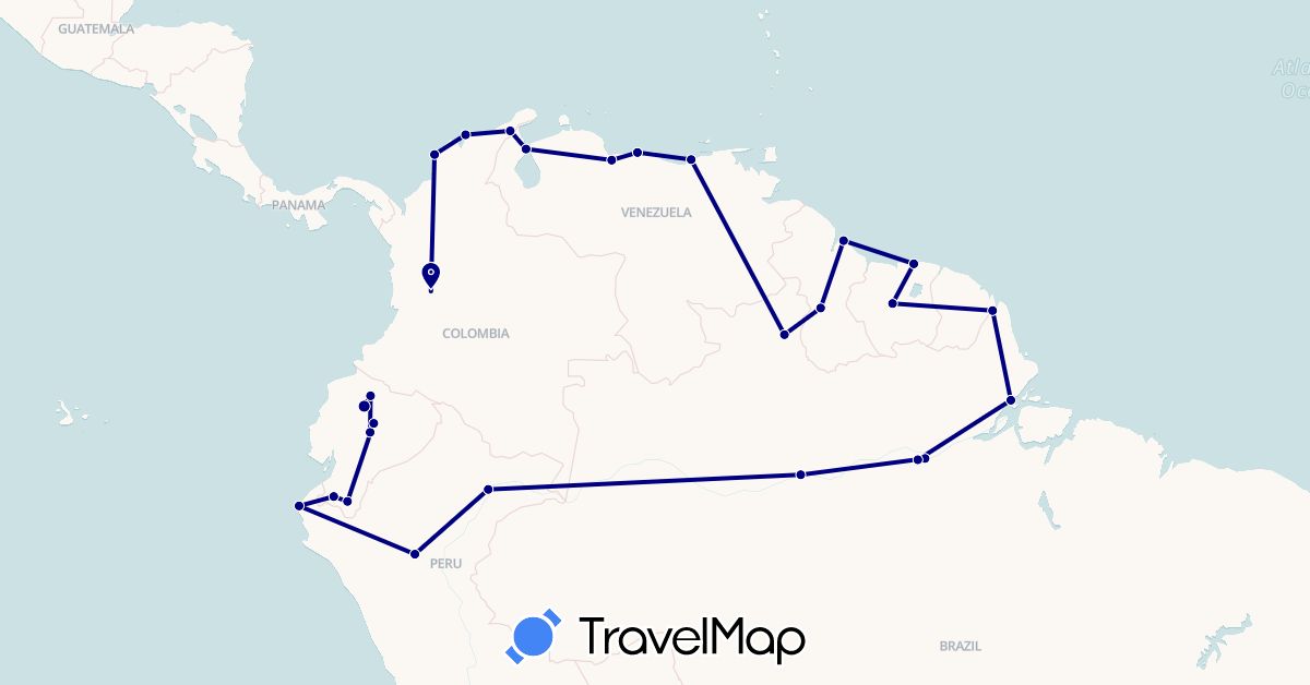 TravelMap itinerary: driving in Brazil, Colombia, Ecuador, Guyana, Peru, Suriname, Venezuela (South America)